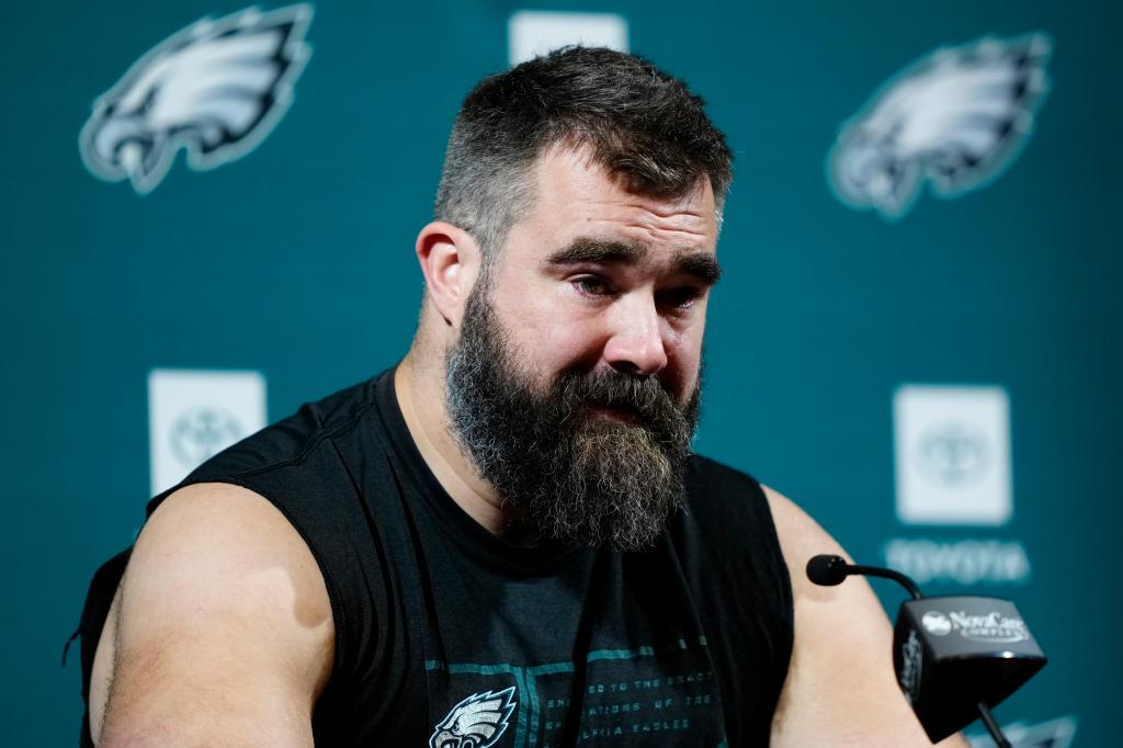 Eagles' Jason Kelce speaks during an NFL football press conference announcing his retirement