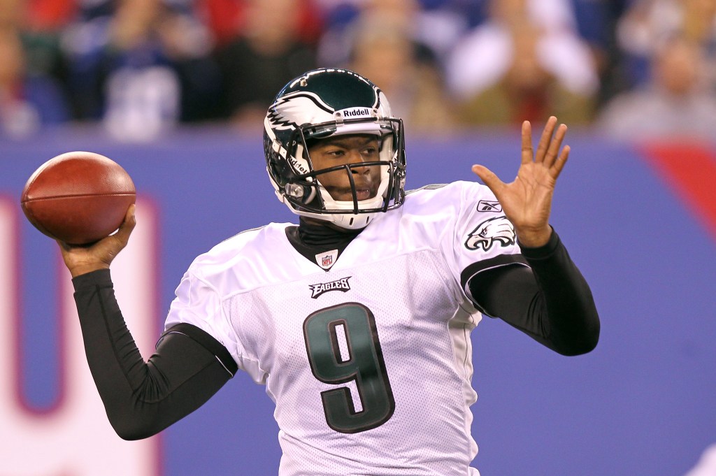 Eagles #9 quarterback Vince Young throws a pass during the third quarter against the Giants at Met Life Stadium in East Rutherford, New Jersey on Nov. 20, 2011. 