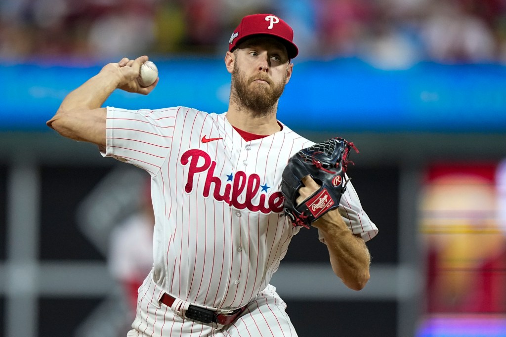 Phillies starting pitcher Zack Wheeler works during the fifth inning in Game 1 of the baseball NL Championship Series against the Diamondbacks.