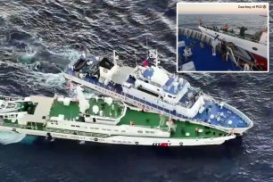 Two ships colliding in the water: a Chinese Coast Guard ship on the bottom and a Philippine coast guard ship.