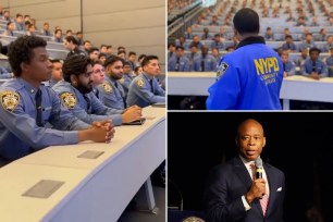 Eric Adams leading a group of new Police Academy classes in a conference room in response to NYPD officer Jonathan Diller shooting