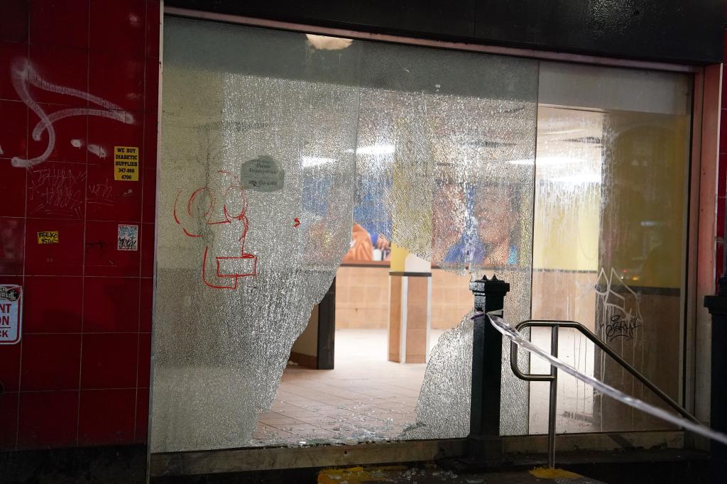 A photo of broken glass at the East Harlem location where a man was shot in the chest early Saturday.