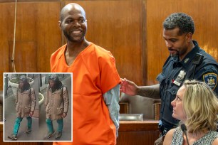 Larry Martin, 42 – seen wearing an orange prison suit – appeared to look directly at the assembled photographer’s cameras and flashed a toothy grin as he was arraigned on four counts each of second-degree assault and first-degree attempted assault.