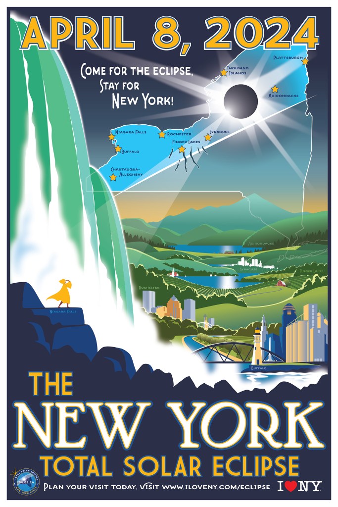 A poster from the New York tourism website shows the path of totallity for the solar eclipse on April 8, 2024.