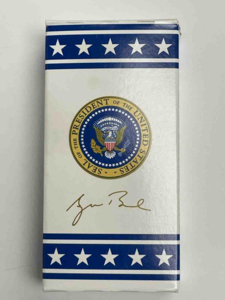 A box of official presidential M&Ms given away to reporters on board Air Force One.