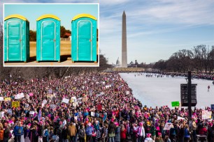 three blue portable toilets in inset; Protesters participate in Women's March near Reflection Pool and Lincoln Memorial in Washington DC on January 20, 2018.