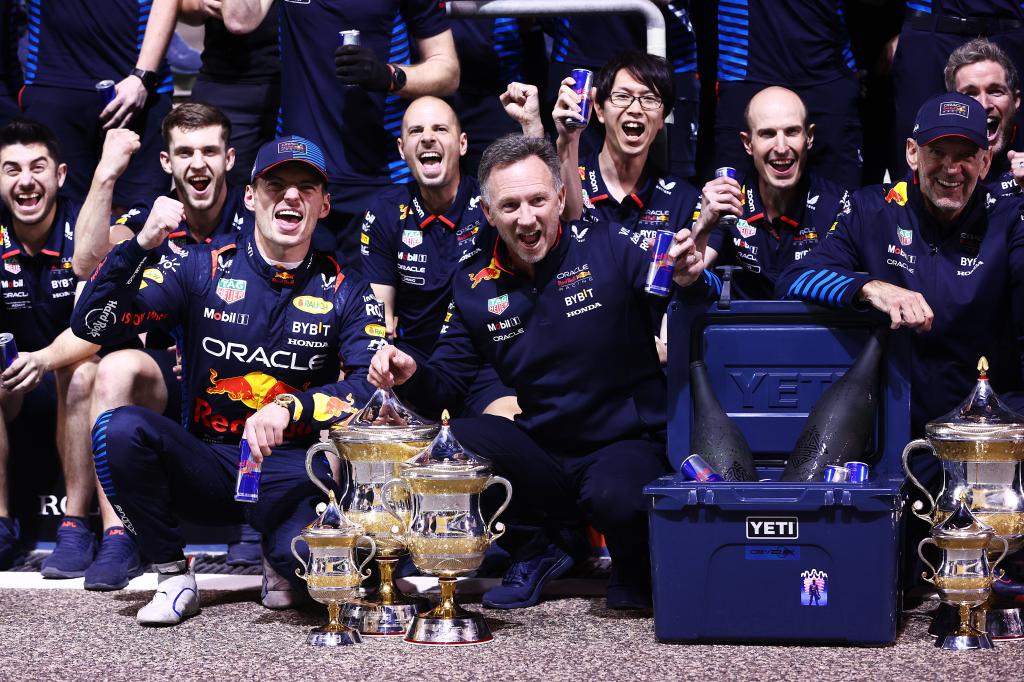 Max Verstappen and Christian Horner celebrate Verstappen's win at the F1 Bahrain GP.