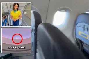 A view of a plane seat with a small hole near the window at the bottom.