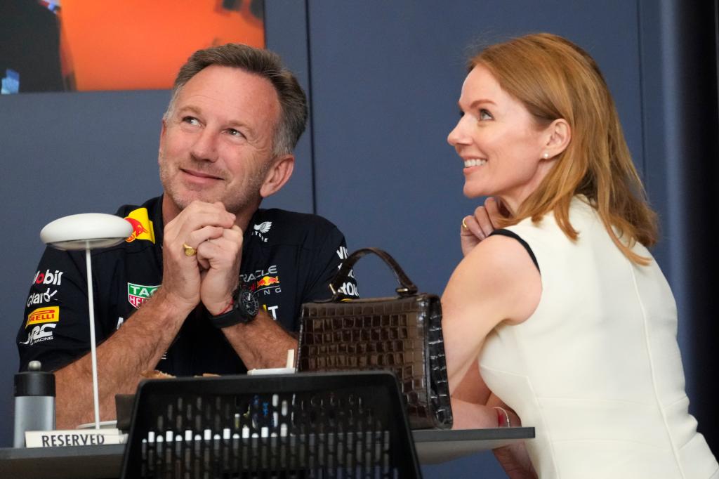 Christian Horner and Geri Halliwell smile during the Bahrain Grand Prix on March 2, 2024.
