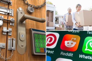 Reddit app icon, A man and woman carrying boxes, A door lock and padlocks