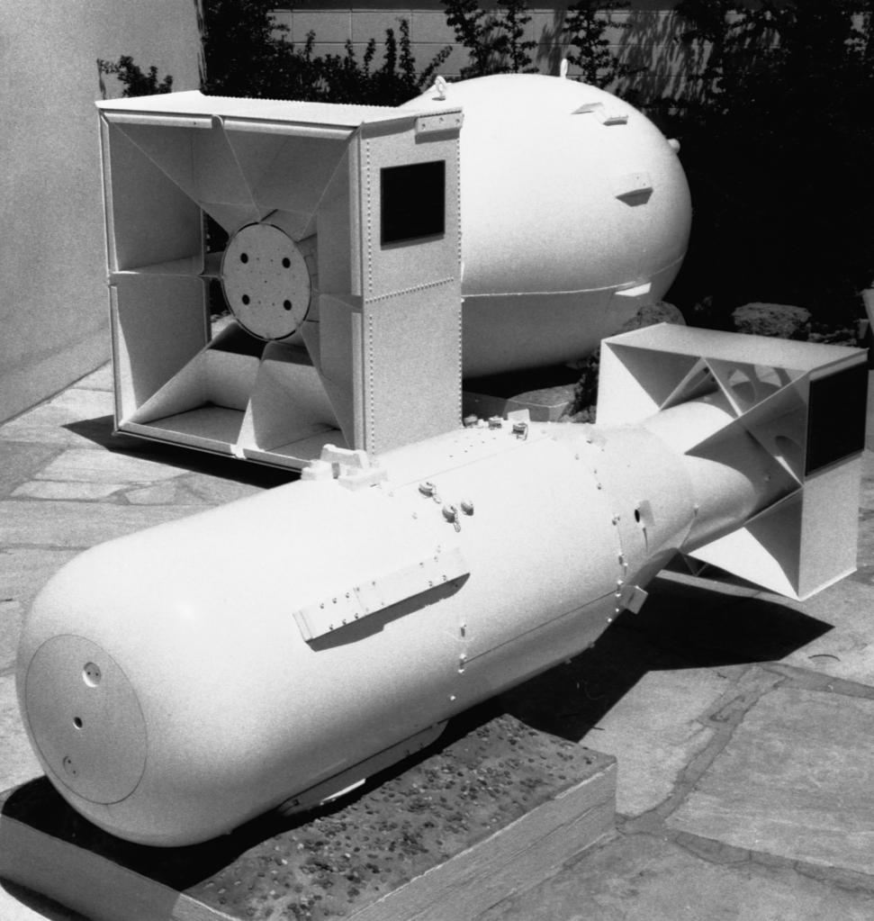 Replicas of Little Boy and Fat Man, the two nuclear bombs dropped on Japan at the end of World Ward II. Today's nuclear missiles are vastly more powerful.