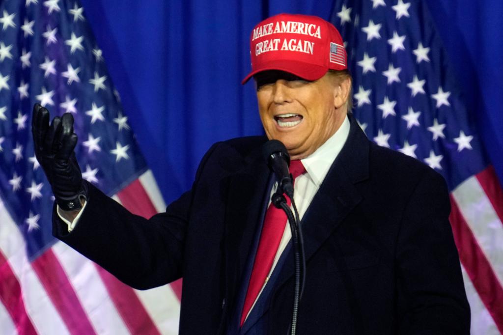 Republican presidential candidate former President Donald Trump speaks at a campaign rally in Waterford Township, Mich., Feb. 17, 2024. 