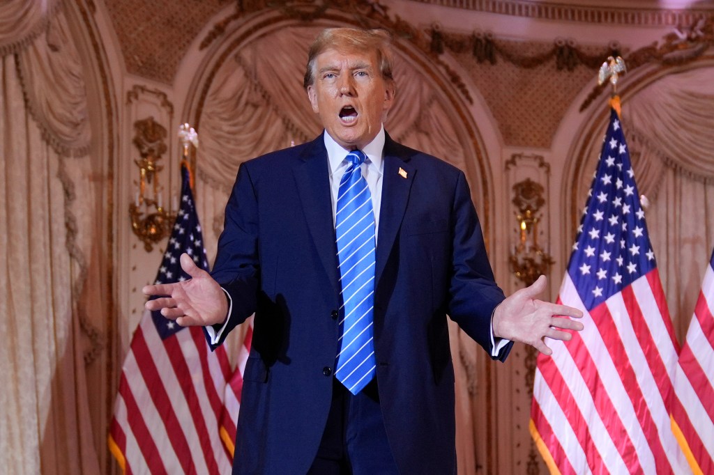 Former President Donald Trump speaking at a Super Tuesday election night party.