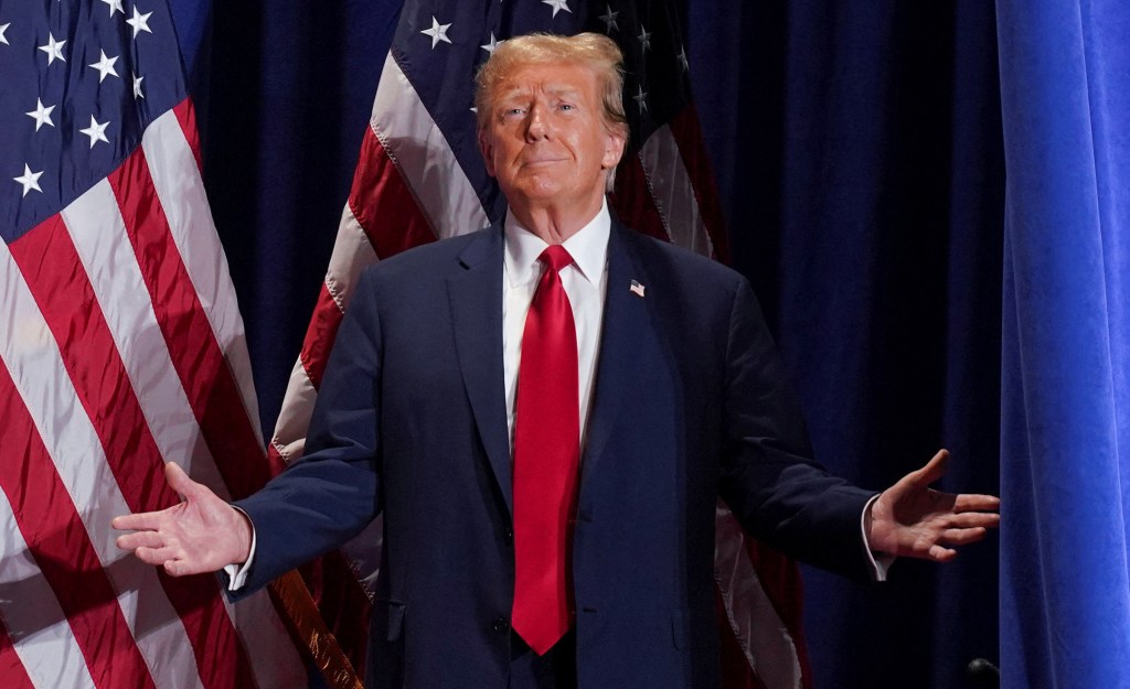 Republican presidential candidate and former U.S. President Donald Trump reacts on stage during a campaign rally in Richmond, Virginia, U.S. March 2, 2024. 