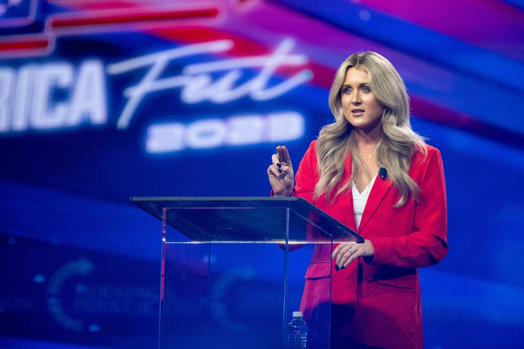 Riley Gaines speaks as conservative leaders and personalities attend Turning Point USA's AmericaFest 2023 in Phoenix, Arizona, U.S. December 17, 2023. 