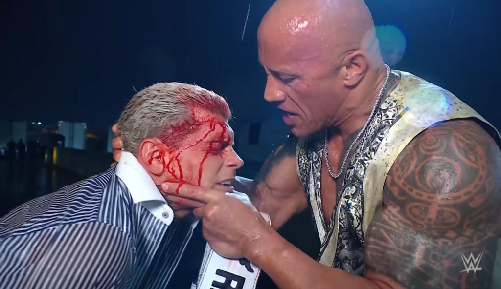 The Rock bloodies Cody  Rhodes on WWE's "Raw" on March 25, 2024.