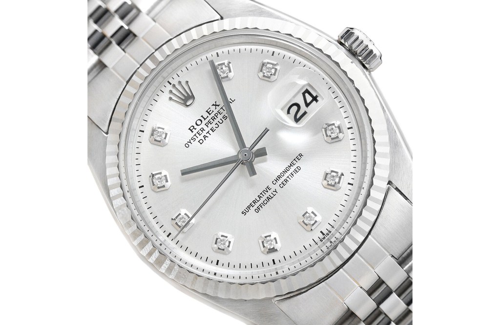 MENS ROLEX DATEJUST 18K WHITE GOLD & STAINLESS STEEL SILVER DIAMOND DIAL WATCH