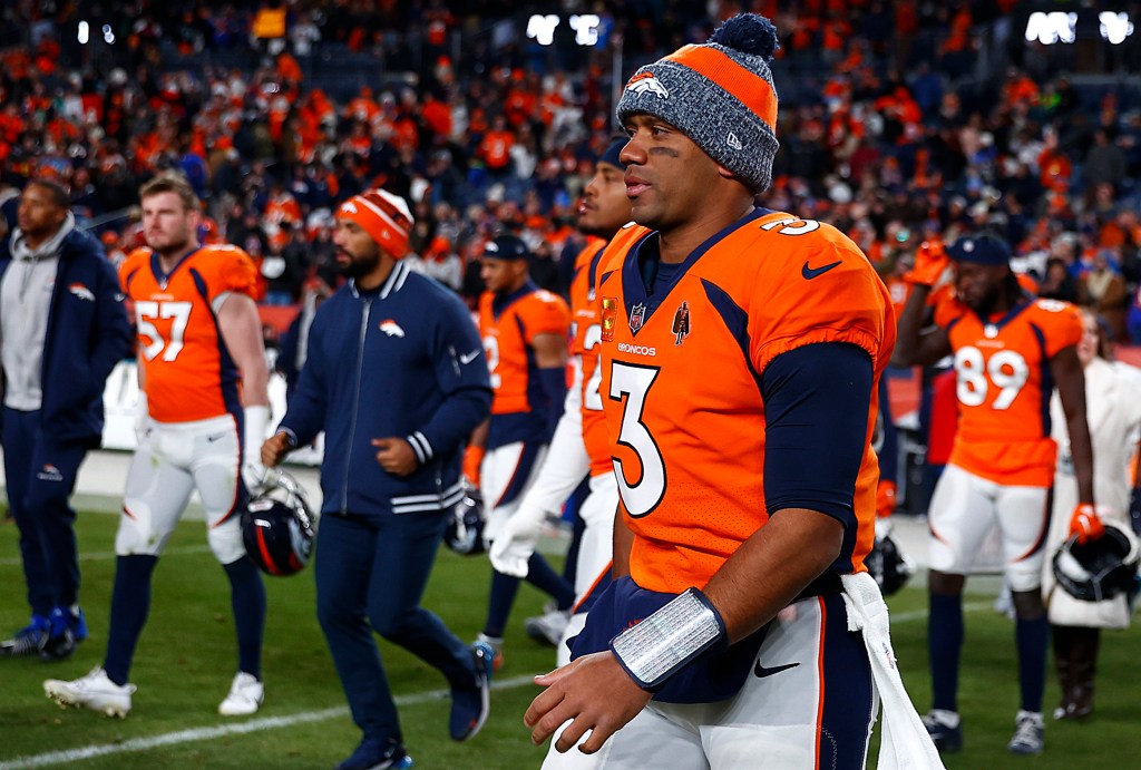 ussell Wilson #3 of the Denver Broncos walks on the field after his team's 16-9 win against the Los Angeles Chargers