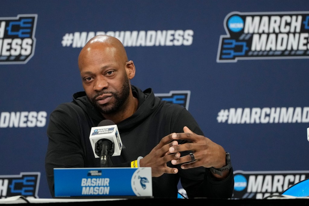 Saint Peterâs Peacocks 
Head coach Bashir Mason during a press conference