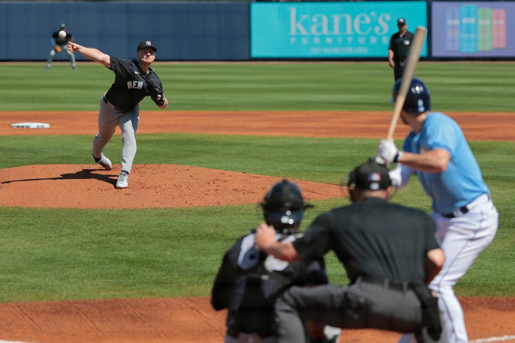 New York Yankees starting pitcher Clarke Schmidt #36, pitching in the 1st inning.