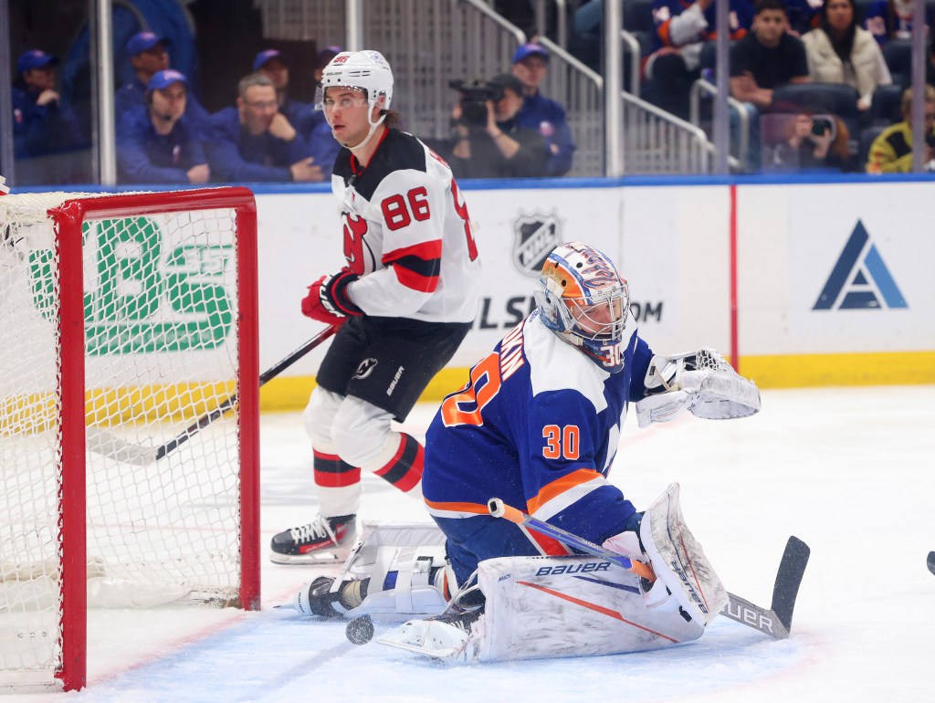 New Jersey Devils center Jack Hughes (86)  scores a goal during the second period when the New York Islanders played the New Jersey Devils Sunday, March 24, 2024 at UBS Arena in Elmont, NY.