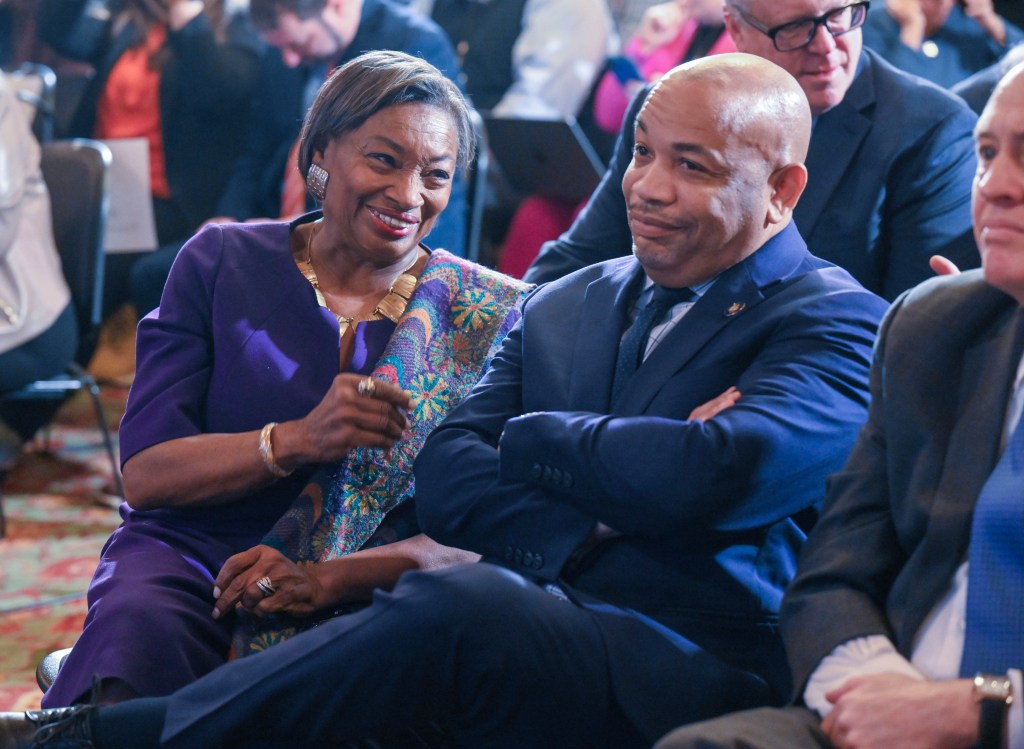 New York State Senate Majority Leader Andrea Stewart Cousins and Assembly Speaker Carl Heatie attend Gov. Kathy Hochul's 2025 executive state budget presentation in Albany on Jan. 16, 2024.