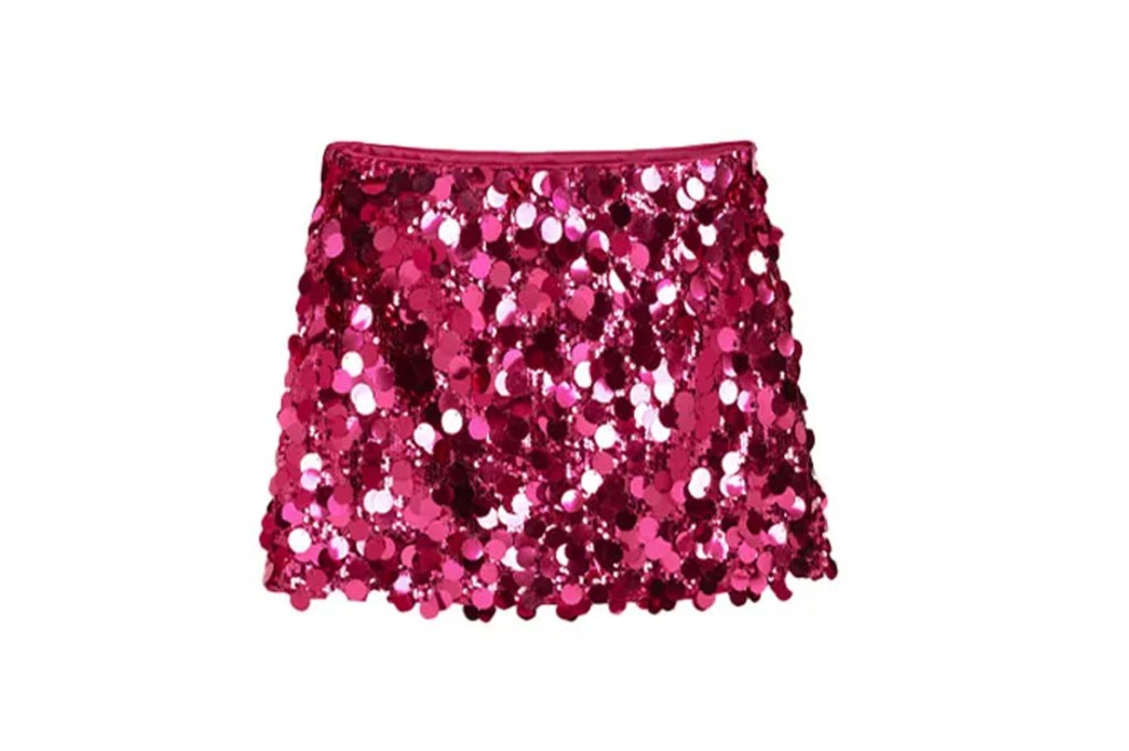 Pink sequined skirt.