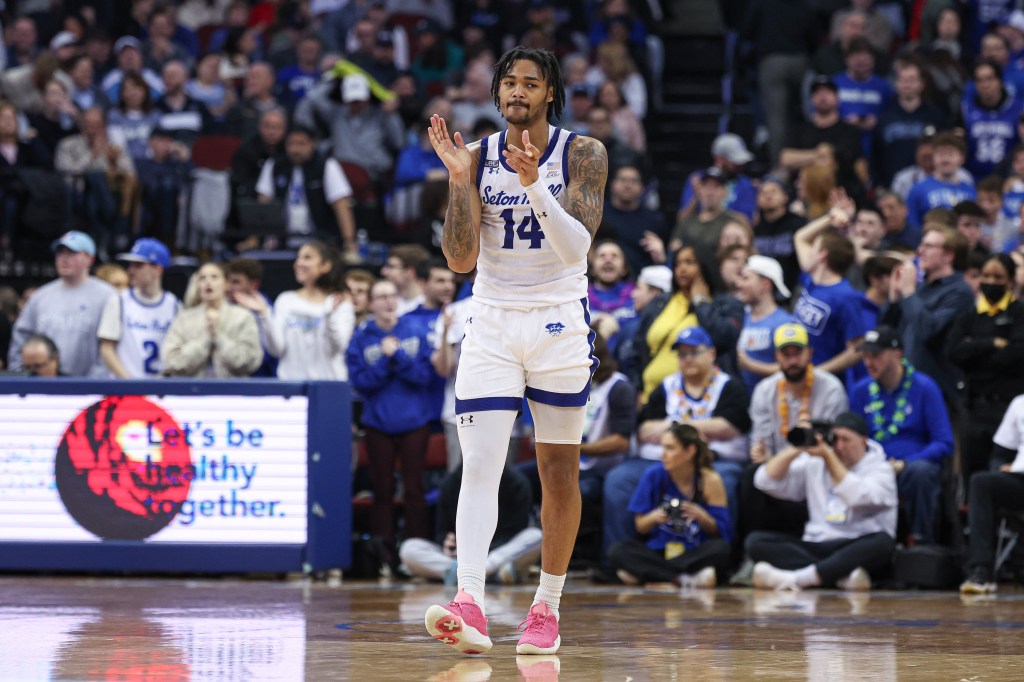 Pirates guard Dre Davis (14) reacts during the second half against the Villanova Wildcats