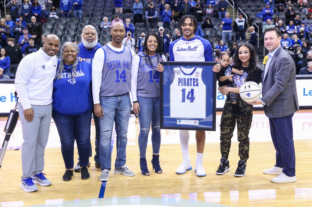 Seton Hall Pirates guard Dre Davis (14) is honored at Senior Day