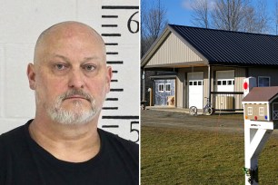 A booking photo of Shawn Cranston with a photo of the Byler farmhouse.