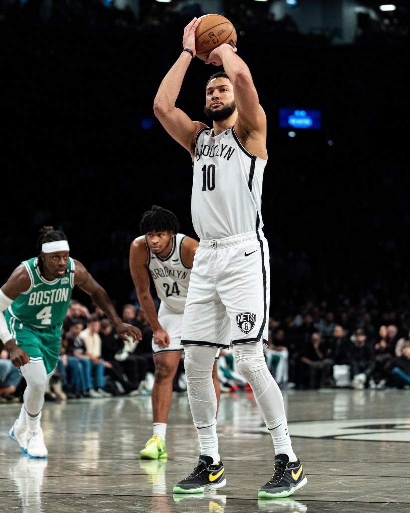Brooklyn Nets guard Ben Simmons (10) shoots a free throw against the Boston Celtics during the first half of an NBA basketball game in New York, Tuesday, Feb. 13, 2024. 