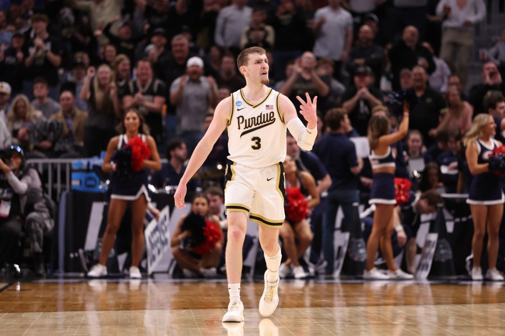 Braden Smith #3 of the Purdue Boilermakers celebrates during the second half against the Gonzaga Bulldogs in the Sweet 16 round of the NCAA Men's Basketball Tournament.