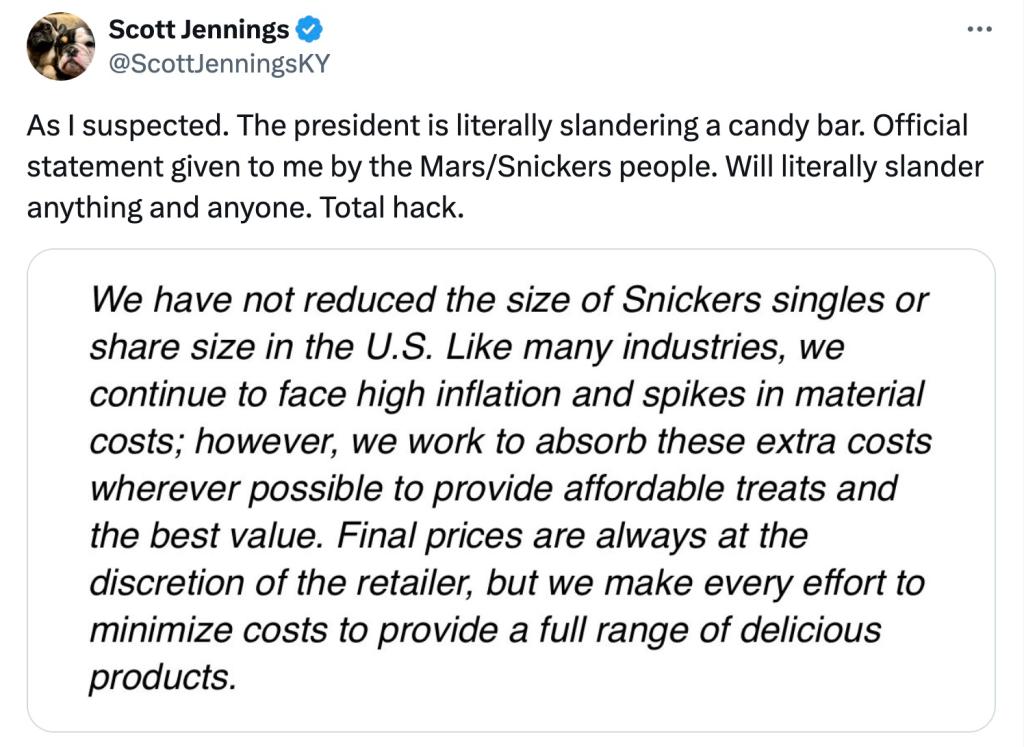 Screenshot of a tweet by ScottJenningsKY, stating that Snickers candy has not been affected by shrinkflation as claimed by Biden in State of the Union address.