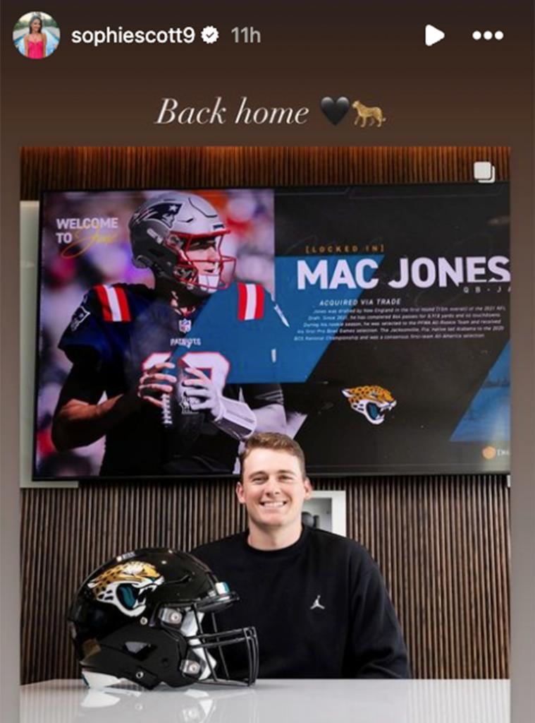 Sophie Scott celebrated Mac Jones landing with the Jaguars in an Instagram Story.