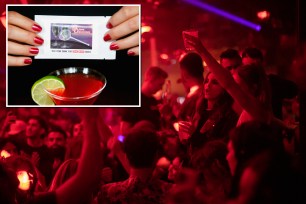 A crowd at a packed Sound Nightclub in Hollywood on June 19, 2021, after its reopening following a 15-month closure, next to a photo of a drink drug test.