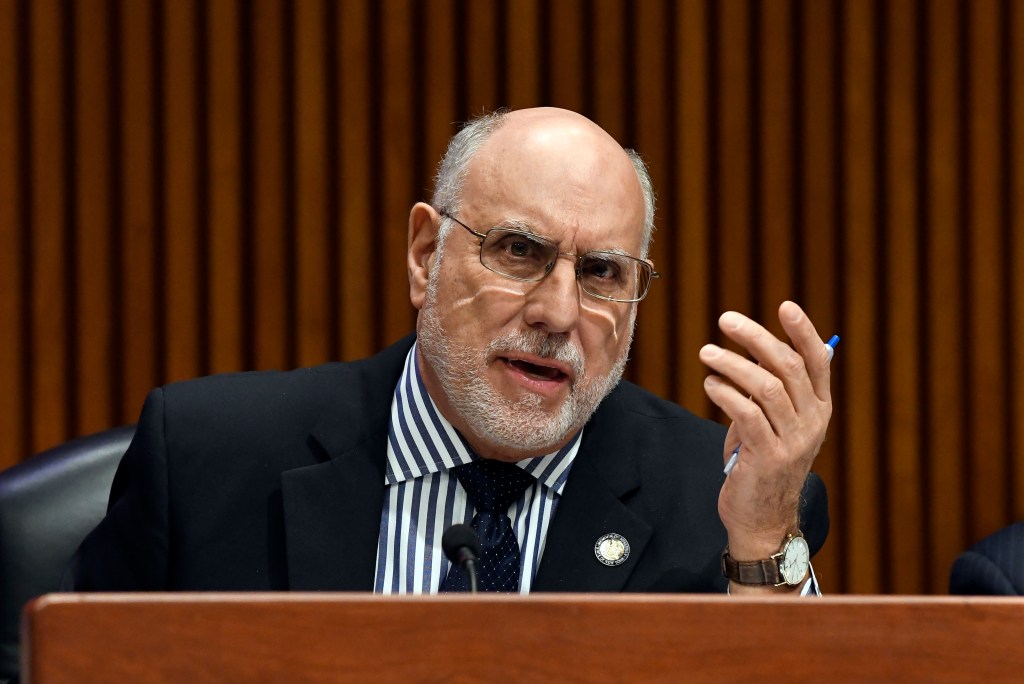 Assemblyman Michael Benedetto questioning during a joint legislative budget hearing on elementary and secondary education in Albany, New York.