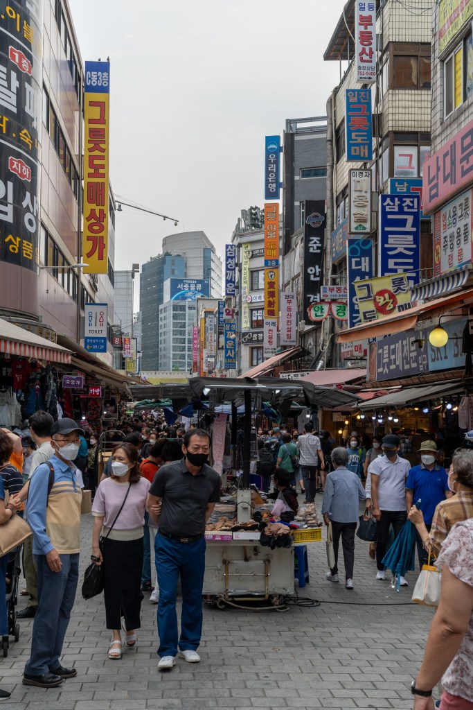 Exterior of the bustling streets of Seoul. 