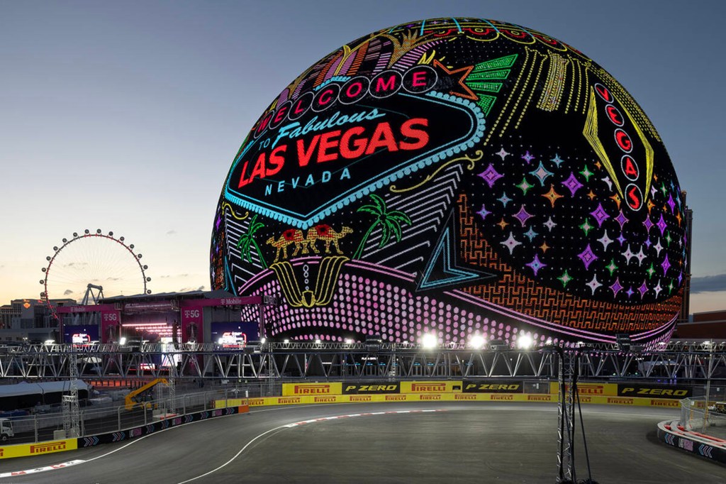 The Sphere lit up for the Las Vegas Formula One race.