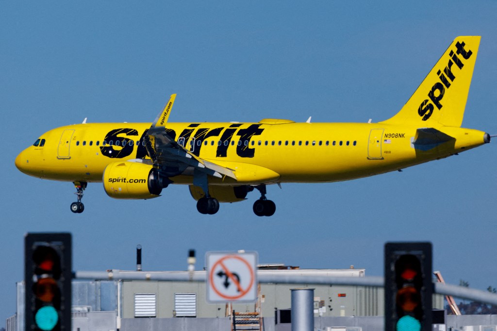 A Spirit commercial airliner prepares to land at San Diego International Airport in San Diego, California, U.S., January 18, 2024.