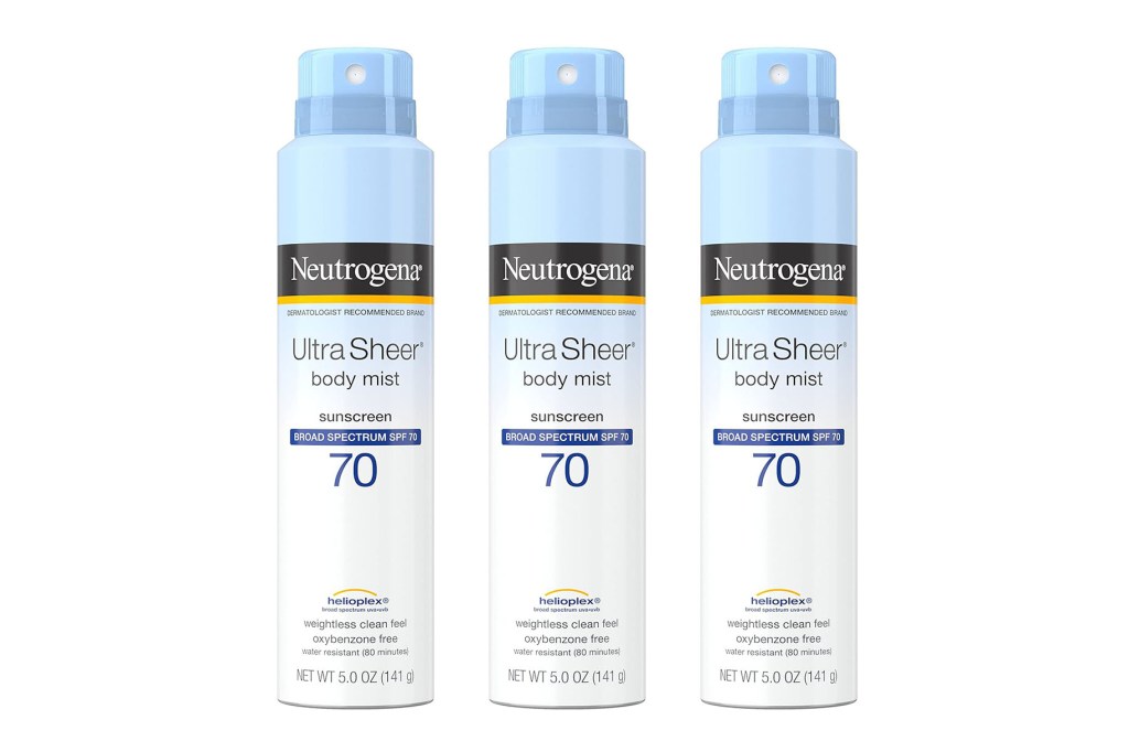 A group of spray sunscreen bottles