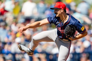 Spencer Strider #99 of the Atlanta Braves pitches in the second inning during a Grapefruit League spring training game against the Tampa Bay Rays.