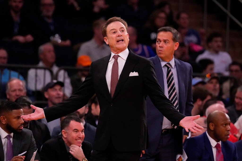 St. John's Red Storm head coach Rick Pitino reacts against the Connecticut Huskies during the first half at Madison Square Garden.