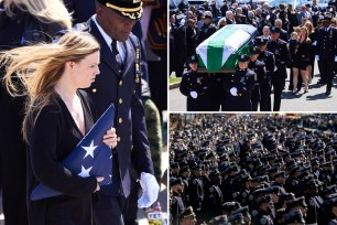 stephanie diller holds flag from casket, with insets of sea of blue