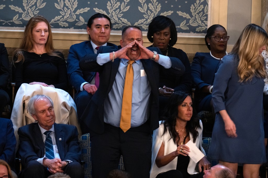 Steven Nikoui, whose son, Marine Lance Cpl. Kareem Nikoui, was killed during the U.S. withdrawal of Afghanistan, heckles President Joe Biden during the State of the Union address in the House Chamber of the U.S. Capitol on Thursday, March 7, 2024.
