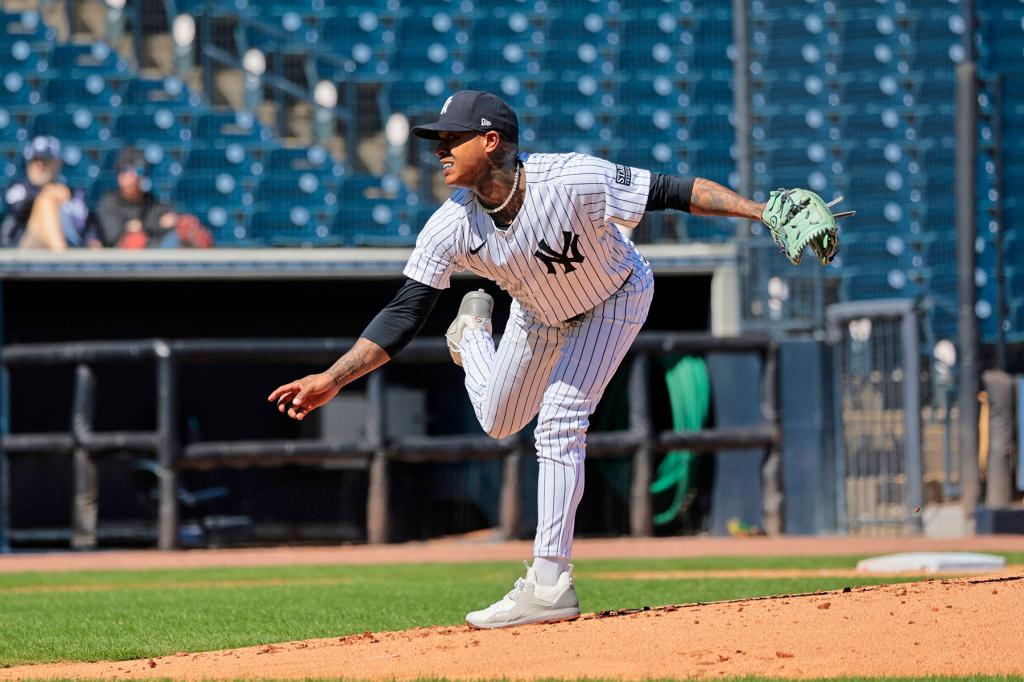 New York Yankees starting pitcher Marcus Stroman #0, pitching in a simulated game at Steinbrenner Field, the Yankees Spring training complex in Tampa Florida.