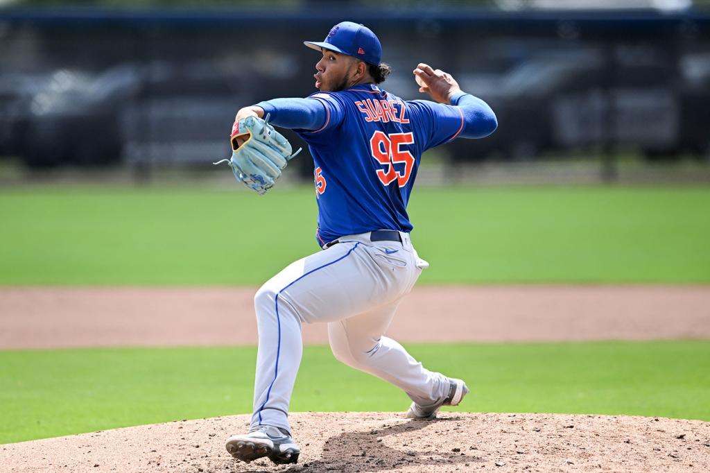 Joander Suarez #95 of the New York Mets throws a pitch during a minor league game against the Houston Astros at The Ballpark at the Palm Beaches on March 18, 2023 in West Palm Beach, Florida