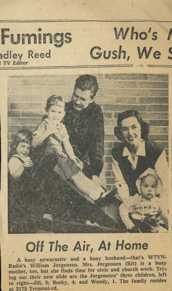 Clip of Bill Jorgensen with wife and daughters in an old newspaper article.