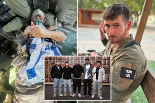 composite image:wounded soldier gives thumbs up, left; right soldier in uniform stares at the camera; center, group shot