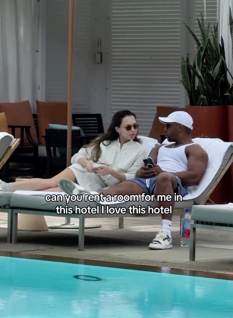 screenshot of Karolina Geits' video titled "Asking a businessman rent [sic] a hotel room for me." She is seen sitting in a chaise lounge by a pool beside a man