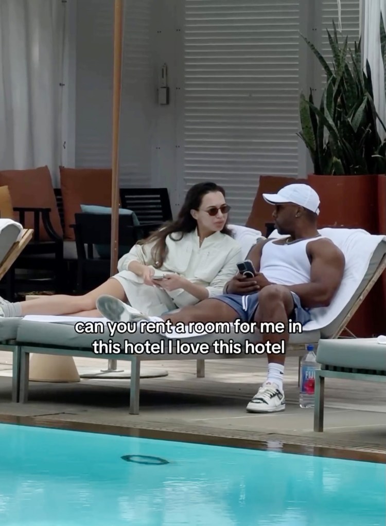 screenshot of Karolina Geits' video titled "Asking a businessman rent [sic] a hotel room for me." She is seen sitting in a chaise lounge by a pool beside a man